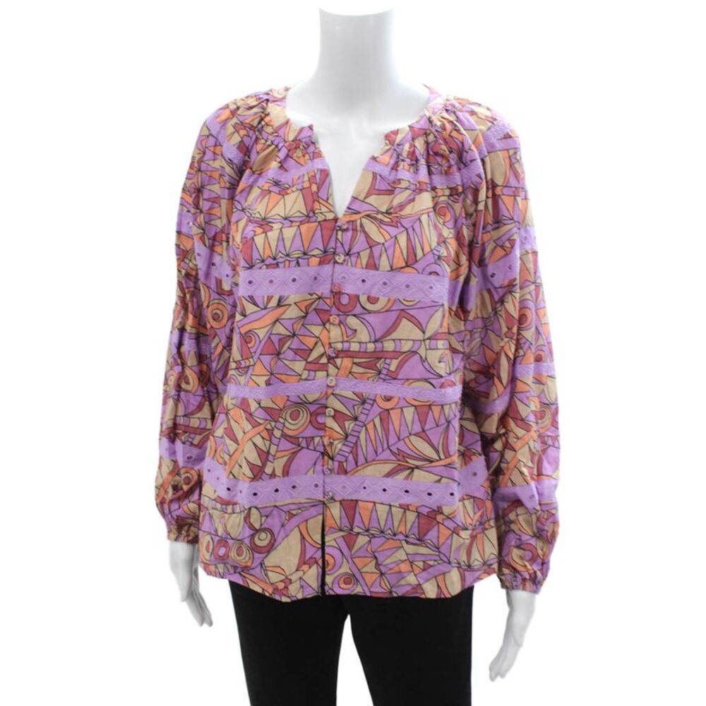 Let Me Be Women Tunic V-Neck Geometric Beige Long Sleeve Button Up Size S